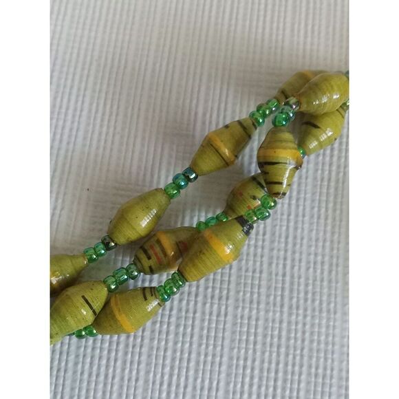 Bright Green Striped Paper and Seed Beaded Lightweight Triple Strand Necklace - Picture 5 of 9